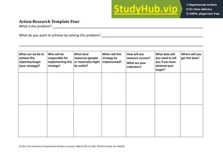 20
© 2012 The University of Queensland, Brisbane, Australia. ABN 63 942 912 684, CRICOS Provider No: 00025B
Action Research Template Four
What is the problem?
What do you want to achieve by solving this problem?
What can we do to
achieve this
objective/target
(your strategy)?
Who will be
responsible for
implementing this
strategy?
What local
resources (people
or materials) might
be useful?
When will this
strategy be
implemented?
How will you
measure success?
What are your
indicators?
What data will
you need to tell
you if you have
attained your
target?
Where will you
get this data?
 