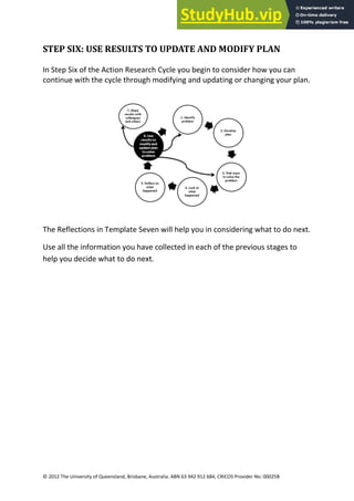 29
© 2012 The University of Queensland, Brisbane, Australia. ABN 63 942 912 684, CRICOS Provider No: 00025B
STEP SIX: USE RESULTS TO UPDATE AND MODIFY PLAN
In Step Six of the Action Research Cycle you begin to consider how you can
continue with the cycle through modifying and updating or changing your plan.
The Reflections in Template Seven will help you in considering what to do next.
Use all the information you have collected in each of the previous stages to
help you decide what to do next.
 