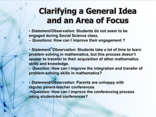 • Statement/Observation: Students do not seem to be
engaged during Social Science class.
– Questions: How can I improve their engagement ?
• Statement. Observation: Students take a lot of time to learn
problem solving in mathematics, but this process doesn’t
appear to transfer to their acquisition of other mathematics
skills and knowledge.
– Question: How can I improve the integration and transfer of
problem-solving skills in mathematics?
• Statement/Observation: Parents are unhappy with
regular parent-teacher conferences
– Question: How can I improve the conferencing process
using student-led conferences?
 