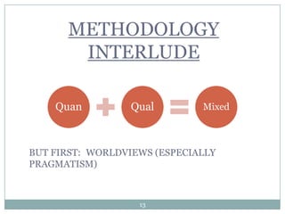 METHODOLOGY
       INTERLUDE

    Quan          Qual        Mixed



BUT FIRST: WORLDVIEWS (ESPECIALLY
PRAGMATISM)



                   13
 