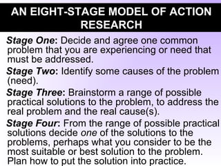 AN EIGHT-STAGE MODEL OF ACTION
RESEARCH
Stage One: Decide and agree one common
problem that you are experiencing or need that
must be addressed.
Stage Two: Identify some causes of the problem
(need).
Stage Three: Brainstorm a range of possible
practical solutions to the problem, to address the
real problem and the real cause(s).
Stage Four: From the range of possible practical
solutions decide one of the solutions to the
problems, perhaps what you consider to be the
most suitable or best solution to the problem.
Plan how to put the solution into practice.
 