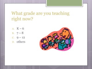 What grade are you teaching right now?K – 67 – 8 9 – 12others