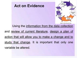 Act on Evidence
Using the information from the data collection
and review of current literature, design a plan of
action that will allow you to make a change and to
study that change. It is important that only one
variable be altered.
 