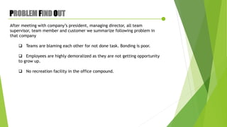 PROBLEM FIND OUT
After meeting with company’s president, managing director, all team
supervisor, team member and customer we summarize following problem in
that company
 Teams are blaming each other for not done task. Bonding is poor.
 Employees are highly demoralized as they are not getting opportunity
to grow up.
 No recreation facility in the office compound.
 
