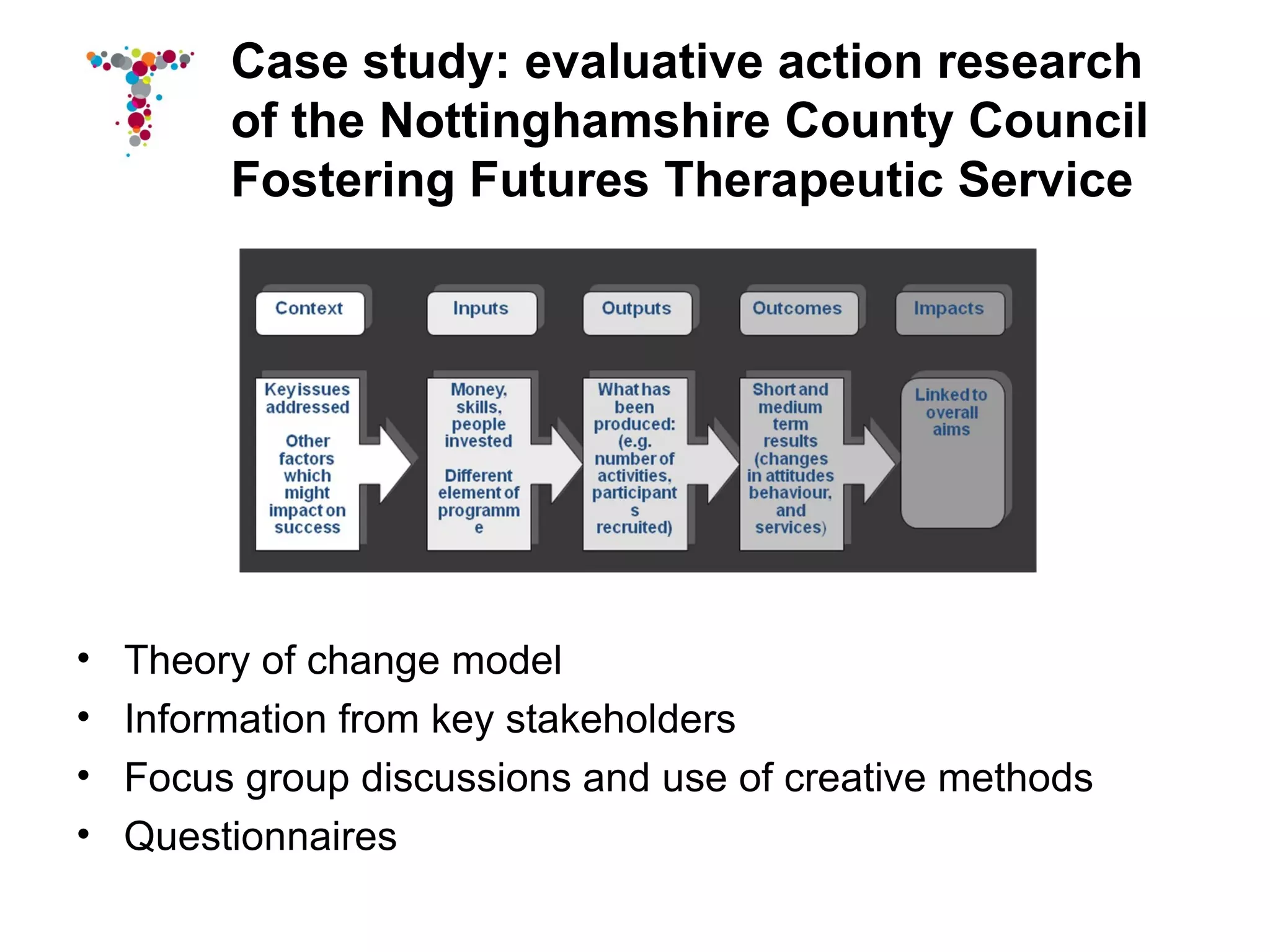 Case study: evaluative action research
         of the Nottinghamshire County Council
         Fostering Futures Therapeutic Service




•   Theory of change model
•   Information from key stakeholders
•   Focus group discussions and use of creative methods
•   Questionnaires
 