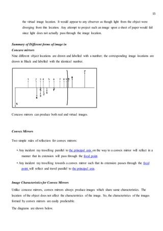 15
the virtual image location. It would appear to any observer as though light from the object were
diverging from this location. Any attempt to project such an image upon a sheet of paper would fail
since light does not actually pass through the image location.
Summary of Different forms of image in
Concave mirrors
Nine different object locations are drawn and labelled with a number; the corresponding image locations are
drawn in Black and labelled with the identical number.
Concave mirrors can produce both real and virtual images.
Convex Mirrors
Two simple rules of reflection for convex mirrors:
• Any incident ray travelling parallel to the principal axis on the way to a convex mirror will reflect in a
manner that its extension will pass through the focal point.
• Any incident ray travelling towards a convex mirror such that its extension passes through the focal
point will reflect and travel parallel to the principal axis.
Image Characteristics for Convex Mirrors
Unlike concave mirrors, convex mirrors always produce images which share same characteristics. The
location of the object does not affect the characteristics of the image. So, the characteristics of the images
formed by convex mirrors are easily predictable.
The diagrams are shown below.
 