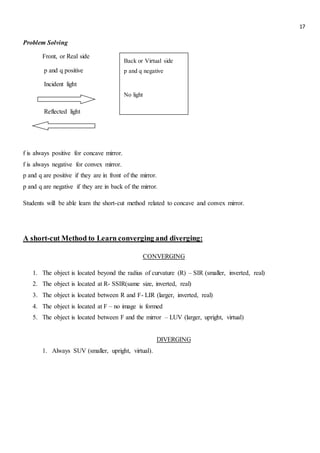 17
Problem Solving
Front, or Real side
p and q positive
Incident light
Reflected light
f is always positive for concave mirror.
f is always negative for convex mirror.
p and q are positive if they are in front of the mirror.
p and q are negative if they are in back of the mirror.
Students will be able learn the short-cut method related to concave and convex mirror.
A short-cut Method to Learn converging and diverging:
CONVERGING
1. The object is located beyond the radius of curvature (R) – SIR (smaller, inverted, real)
2. The object is located at R- SSIR(same size, inverted, real)
3. The object is located between R and F- LIR (larger, inverted, real)
4. The object is located at F – no image is formed
5. The object is located between F and the mirror – LUV (larger, upright, virtual)
DIVERGING
1. Always SUV (smaller, upright, virtual).
Back or Virtual side
p and q negative
No light
 