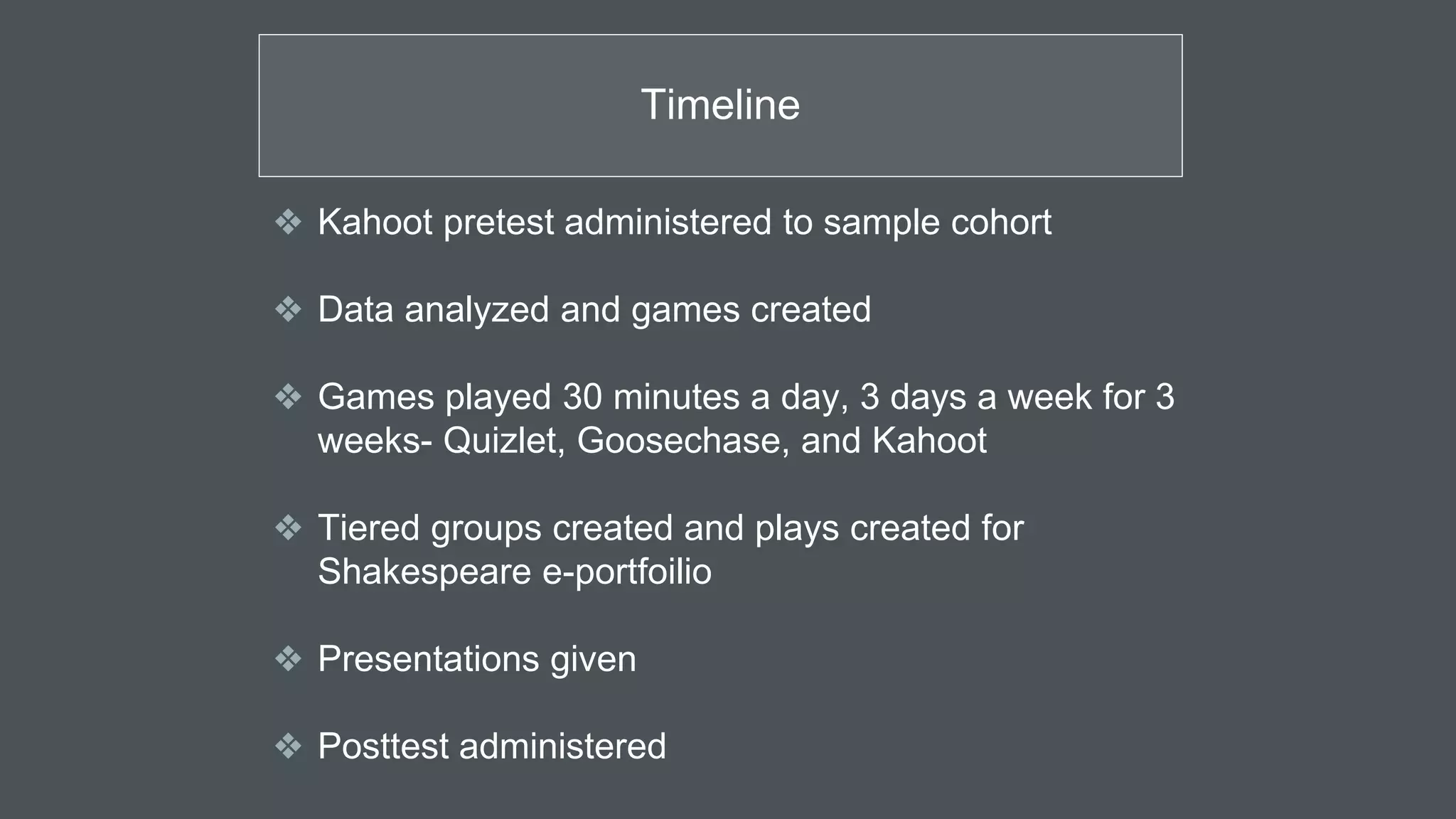 Timeline
❖ Kahoot pretest administered to sample cohort
❖ Data analyzed and games created
❖ Games played 30 minutes a day, 3 days a week for 3
weeks- Quizlet, Goosechase, and Kahoot
❖ Tiered groups created and plays created for
Shakespeare e-portfoilio
❖ Presentations given
❖ Posttest administered
 