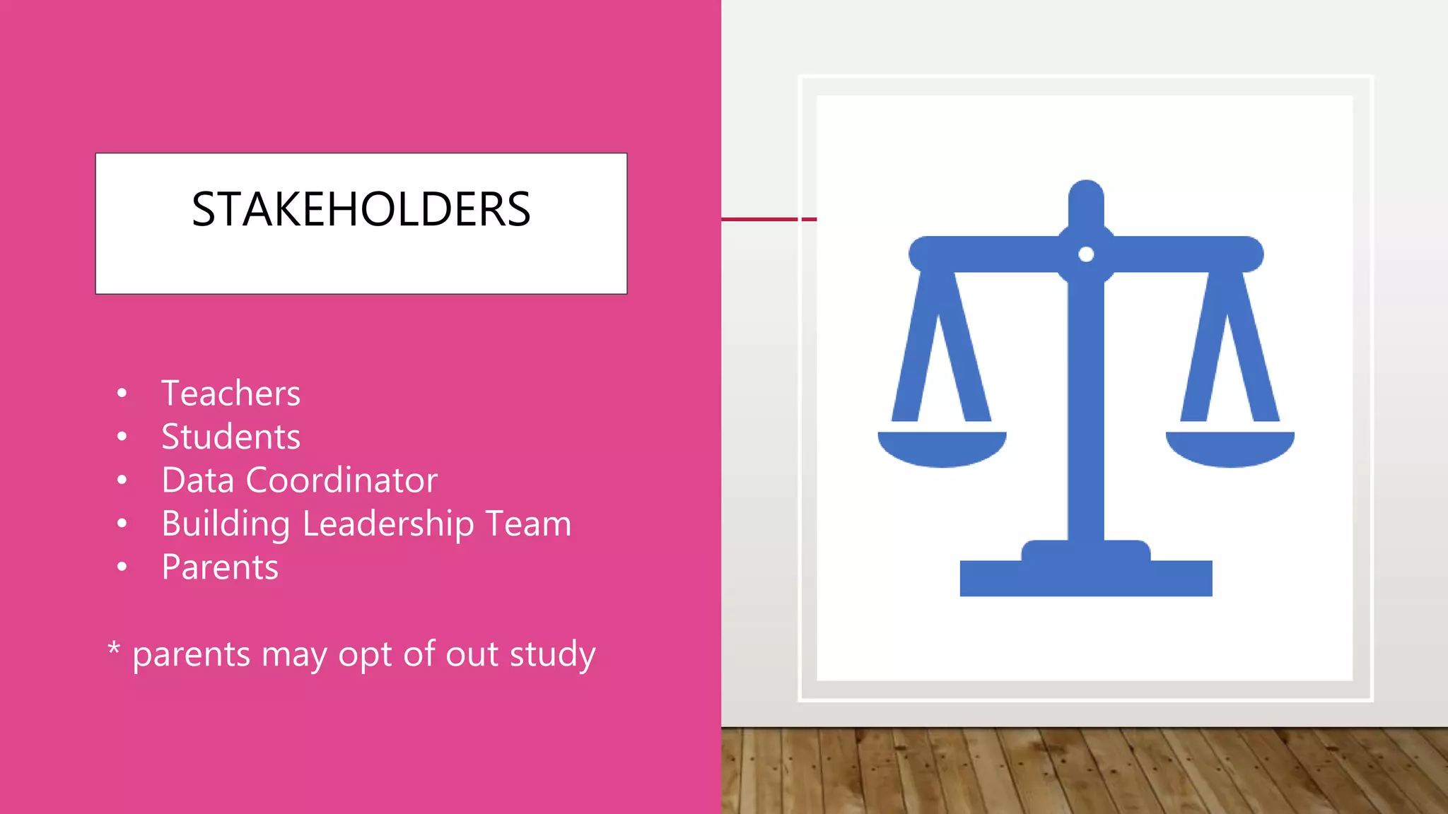 STAKEHOLDERS
• Teachers
• Students
• Data Coordinator
• Building Leadership Team
• Parents
* parents may opt of out study
 
