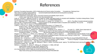 American Counseling Association. (2015). Multicultural and Social Justice Counseling Competencies. Retrieved from
https://www.counseling.org/docs/default- source/competencies/multicultural-and-social-justice-counseling-
competencies.pdf?sfvrsn=8573422c_20
California Department of Education. (2013). 2012-2013 School accountability report card for
James Logan High School. Retrieve from http://sarconline.org/
Cobb, B., Lehmann, ]., Newman-Conchar, R., & Alwell, M. (2009). Self-determination for students with disabilities: A narrative metasynthesis. Career
Development for Exceptional Individuals, 32, 108-114. doi:10.1177/0885728809336654'
Lee, Y., Wehmeyer, M. L., Palmer, S. B., Williams-Diehm, K., Davies, D. K., & Stock, S. E. (2011). The effect of student-directed transition
planning with a computer-based reading support program on the self-determination of students with disabilities. The Journal of Special
Education, 45(2), 104-117. doi:10.1177/0022466909358916
Ludema, J. D. & Fry, R. E. (2008). The practice of appreciative inquiry. In P. Reason & H.
Bradbury (Eds.), The SAGE handbook of action research: Participative inquiry and
practice (pp. 280-296). Thousand Oaks, CA: SAGE Publications Inc.
Martin, J. E., Van Dycke, J. L., Greene, B. A., Gardner, J. E., Christensen, W. R., Woods, L. L. & Lovett, D. L. (2006). Direct observation of
teacher-directed secondary IEP meetings: Establishing the need for self-determination and student participation instruction.
Exceptional Children, 72, 187-200. http://journals.sagepub.com/doi/abs/10.1177/001440290607200204
Shogren, K. A., Plotner, A. J., Palmer, S. B., Wehmeyer, M. L., & Paek, Y. (2014). Impact of Self-Determined Learning Model of Instruction on
teacher perceptions of student capacity and opportunity for self-determination. Education And Training In Autism And Developmental
Disabilities, 49(3), 440-448. https://eric.ed.gov/?id=EJ1034372
Wehmeyer, M.L., & Kelchner, K. (1995). The Arc’s Self-Determination Scale. Retrieved from http://files.eric.ed.gov/fulltext/ED441322.pdf
Wehmeyer M. L., Lawrence M., Kelchner K., Palmer S., Garner N., Soukup J. (2004). Whose Future Is It Anyway? A student-directed transition
planning process. Retrieved from http://files.eric.ed.gov/fulltext/ED414660.pdf
Wehmeyer M. L., Palmer S. B., Agran M., Mithaug D., Martin J. (2000). Promoting causal agency: The Self-Determined Learning Model of Instruction.
Exceptional Children, 66, 439–453.
Wolman, J., Campeau, P., Dubois, P., Mithaug, D., & Stolarski, V. (1994). AIR Self-
Determination Scale and User Guide. Retrieved from:
http://www.ou.edu/zarrow/AIR%20User%20Guide.pdf
U.S. Census Bureau. (2010). State and county QuickFacts. Retrieved from
https://www.census.gov/2010census/popmap/ipmtext.php?fl=06:0681204
References
 