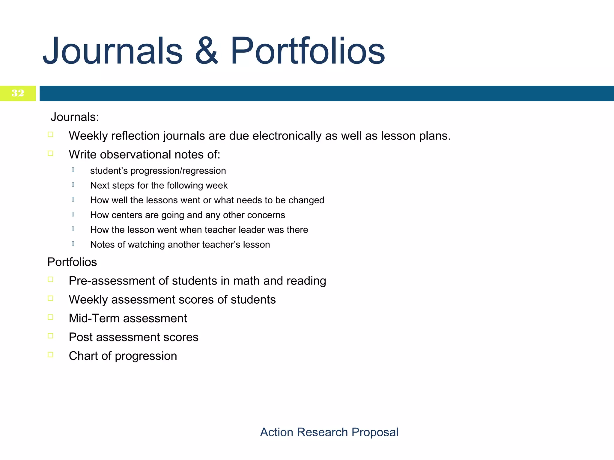 Journals & Portfolios
32

Journals:


Weekly reflection journals are due electronically as well as lesson plans.



Write observational notes of:


student’s progression/regression



Next steps for the following week



How well the lessons went or what needs to be changed



How centers are going and any other concerns



How the lesson went when teacher leader was there



Notes of watching another teacher’s lesson

Portfolios


Pre-assessment of students in math and reading



Weekly assessment scores of students



Mid-Term assessment



Post assessment scores



Chart of progression

Action Research Proposal

 