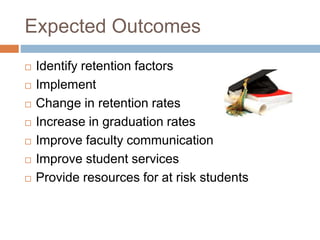 Expected Outcomes
 Identify retention factors
 Implement
 Change in retention rates
 Increase in graduation rates
 Improve faculty communication
 Improve student services
 Provide resources for at risk students
 
