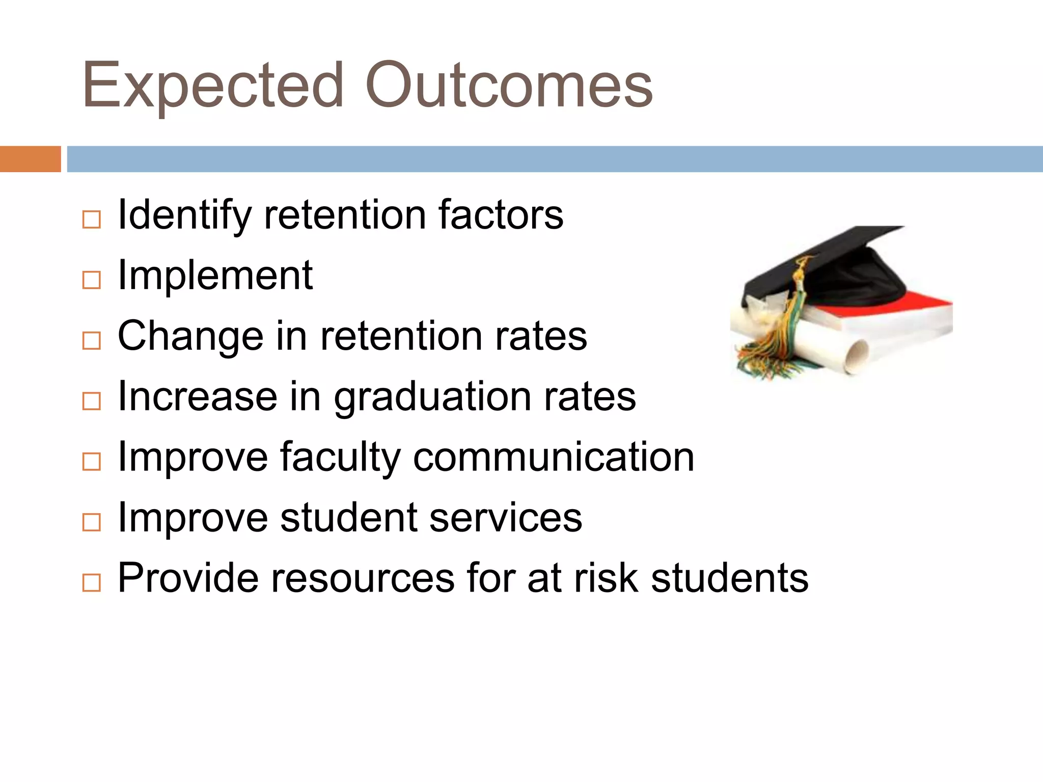 Expected OutcomesIdentify retention factors ImplementChange in retention ratesIncrease in graduation ratesImprove faculty communicationImprove student servicesProvide resources for at risk students