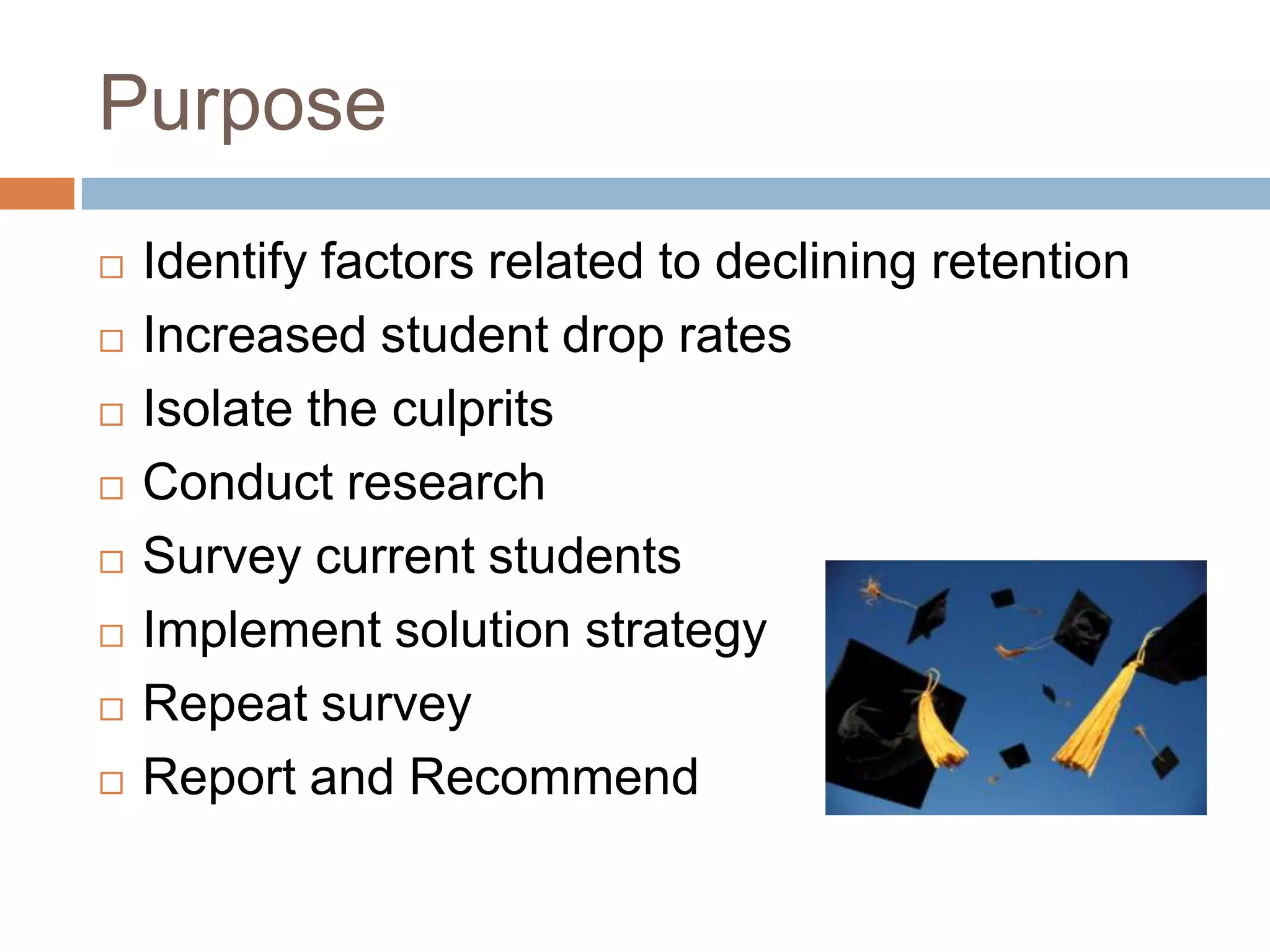 PurposeIdentify factors related to declining retentionIncreased student drop ratesIsolate the culpritsConduct researchSurvey current studentsImplement solution strategyRepeat surveyReport and Recommend