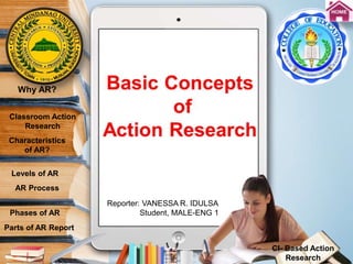 Reporter: VANESSA R. IDULSA
Student, MALE-ENG 1
Why AR?
Classroom Action
Research
AR Process
Parts of AR Report
CI- Based Action
Research
Phases of AR
Characteristics
of AR?
Levels of AR
 