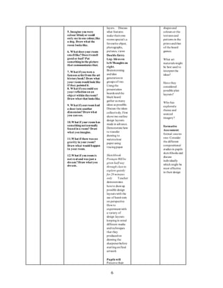 6
5. Imagine you were
colour blind, or could
only see in one colour,like
a dog. Draw what the
room looks like.
6. Whatdoes your room
smell like?Does itsmell
good or bad? Put
somethingin the picture
that communicates that.
7. Whatifyou were a
famous artistfrom the art
historybook? Draw what
your room would look like
if they painted it.
8. Whatifyou could see
your reflection on an
object within theroom?
Draw what that looks like.
9. Whatifyourroom had
a door into another
dimension?Drawwhat
you can see.
10.What if your room has
somethingnotnormally
found in a room? Draw
what you imagine.
11.What if there was no
gravity in your room?
Draw what would happen
in your room.
12.What if you room is
not real and was just a
dream?Draw whatyou
dream.
layers. Discuss
what features
make theirown
rooms special i.e.
favourite object,
photographs,
pictures, views
Double Entry
Log- Ideas on
left/Thoughts on
right.
Brainstorming
andidea
generationin
groups of two.
Usingthe
presentation
boards andthe
black board
gather as many
ideas as possible.
Discuss the ideas
collectively.First
showtwo outline
design layouts
made in advance.
Demonstrate how
to transfer
drawing to
watercolour
paper using
tracingpaper
Sketchbook
Prompts Will be
given half way
through class to
explore quietly
for 20 minutes
only Teacher
demonstrates
howto drawup
possible design
layouts with the
use of hand-outs
on perspective
Howto
experiment with
a variety of
design layouts
keepingin mind
different media
andtechniques
that they
producedon
drawing the
sharpenerbefore
startingonfinal
artwork
Pupils will
Perceive their
shapes and
colours or the
textures and
patterns in the
prints andthat
of the board
games.
What art
materials might
be best used to
interpret the
ideas?
Have they
considered
possible plan
layouts?
Who has
exploreda
theme and
sourced
imagery?
Formative
Assessment:
formal: one-to-
one- Consider
the different
compositional
studies in pupils
sketchbooks and
discuss
individually
which might be
most effective
in their design
 