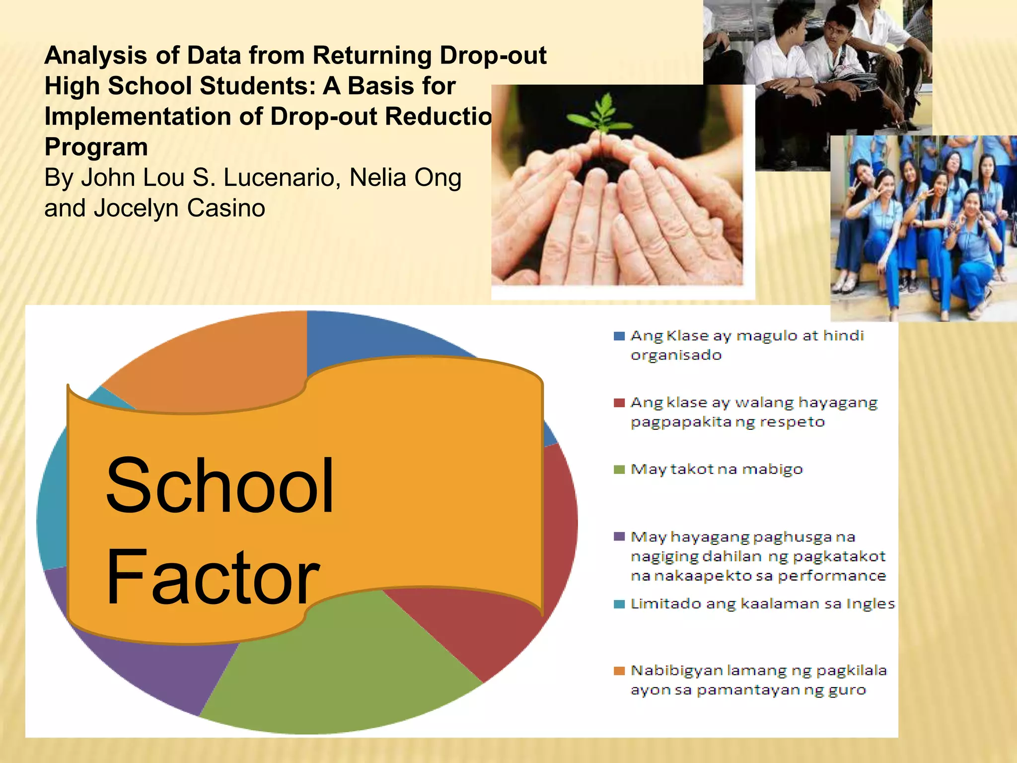 Analysis of Data from Returning Drop-out
High School Students: A Basis for
Implementation of Drop-out Reduction
Program
By John Lou S. Lucenario, Nelia Ong
and Jocelyn Casino
School
Factor
 