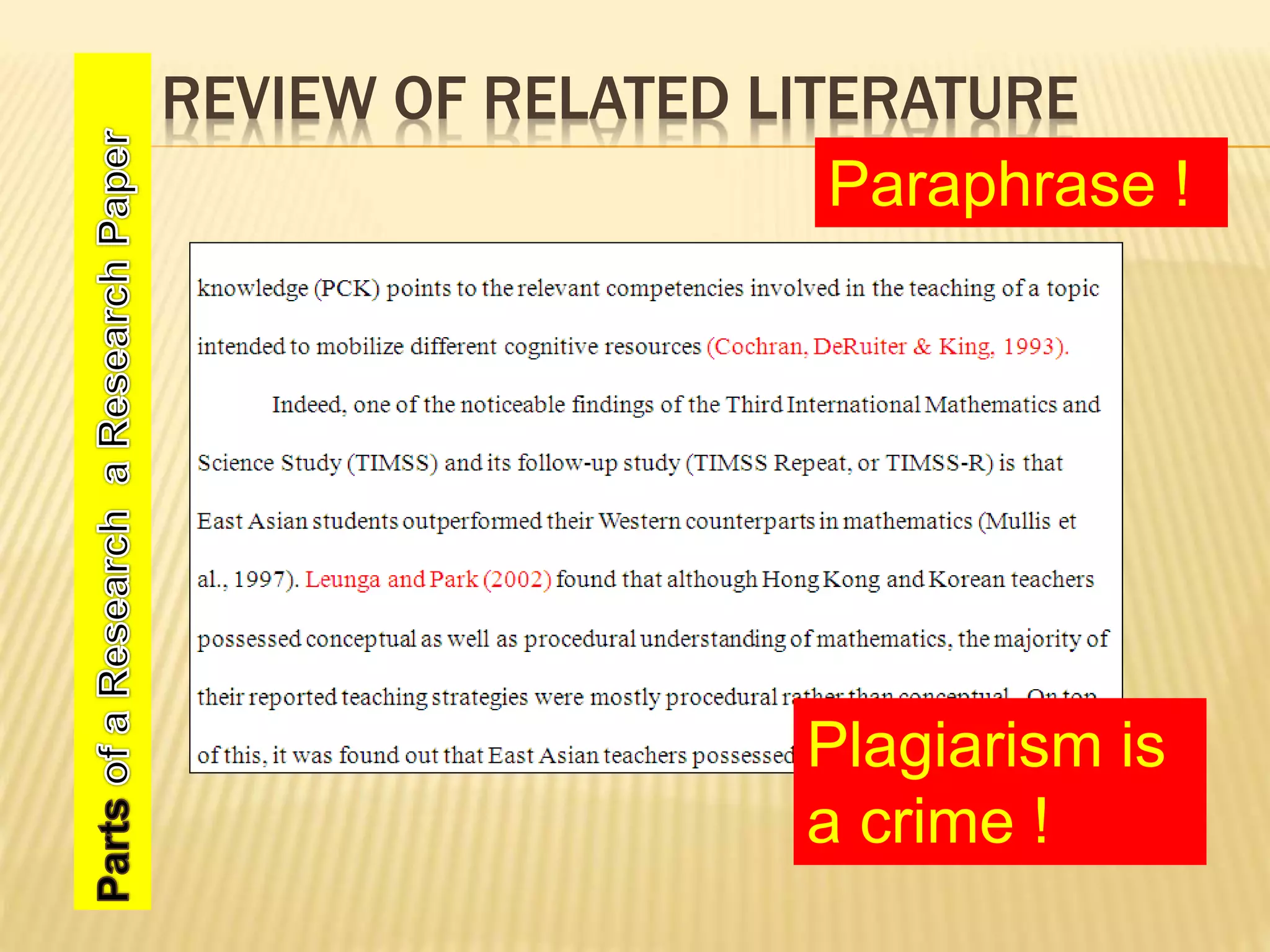 REVIEW OF RELATED LITERATURE
Paraphrase !
Plagiarism is
a crime !
 