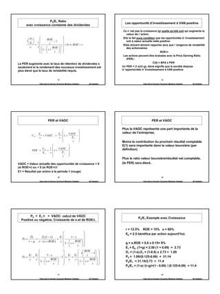 P0/E1 Ratio
                                                                                          Les opportunité d’investissement à VAN positive
      avec croissance constante des dividendes
                                                                                         Ce n ’est pas la croissance (g) quelle qu’elle soit qui augmente la
                                                                                            valeur de l ’action.
           P0                                                                        Elle le fait sous condition que les opportunités d ’investissement
                         ROE            
      ∂                            −1                                                       soit à valeur actuelle nette positive:
           E1  = 1          r           
                                             > 0 ⇒ ROE > r                               Elles doivent doivent rapporter plus que l ’exigence de rentabilité
                   r                  2 
                      1 −  s × ROE   
            ∂S
                                                                                            des actionnaires:
                                      
                                r                                                                                  ROE>r
                                                                                         Les actions peuvent être évaluées avec le Price Earning Ratio
                                                                                            (PER) :
Le PER augmente avec le taux de rétention de dividendes s                                                          C(0) = BPA x PER
seulement si le rendement des nouveaux investissement est                               Un PER = (1-s)/(r-g), élevé signifie que la société dispose
plus élevé que le taux de rentabilité requis.                                           d ’opportunités d ’investissement à VAN positive.


                                           73                                                                                 74

                      Page web en français: Economix Membres Chatelain   JB Chatelain                    Page web en français: Economix Membres Chatelain   JB Chatelain




                                PER et VAOC                                                                        PER et VAOC

                                                                                        Plus la VAOC représente une part importante de la
                                              
                      E1         E       VAOC                                         valeur de l’entreprise,
             C0   =      + VAOC = 1  1 +      
                      r           r        E1 
                                              
                                           r                                          Moins la contribution du prochain résultat comptable
                                                                                      E(1) sera importante dans la valeur boursière (par
                  C   1     VAOC                                                      définition)
             PER = 0 =  1 +      
                  E1  r       E1 
                                 
                              r  
                                                                                        Plus le ratio valeur boursière/résultat net comptable,
VAOC = Valeur actuelle des opportunités de croissance > 0                               (le PER) sera élevé.
(si ROE>r) ou < 0 (si ROE<r)!
E1 = Résultat par action à la période 1 (rouge)
                                           75                                                                                 76

                      Page web en français: Economix Membres Chatelain   JB Chatelain                    Page web en français: Economix Membres Chatelain   JB Chatelain




        P0 = E1 /r + VAOC: calcul de VAOC
                                                                                                     P0/E1 Exemple avec Croissance
  Positive ou négative, Croissante de s et de ROE/r,


                                                                                          r = 12.5% ROE = 15% s = 60%
                                                                                        E0 = 2.5 bénéfice par action aujourd’hui.
                                              
        D       E1 (1 − s )  E1       1− s
   P0 = 1 =                 =                 
       r − g r − ( s × ROE ) r         ROE  
                                1−  s × r                                             g = s.ROE = 0.6 x 0.15= 9%
                                           
                                                                                          E1 = E0 .(1+g) = 2.50 (1 + 0.09) = 2.73
                                             ROE                                    D1 = (1-s).E1 = (1-0.6) x 2.73 = 1.09
                                            s       − 1 
        E1 E1      1− s          = E1 + E1   r          
   P0 =   +                   −1                                                          P0 = 1.09/(0.125-0.09) = 31.14
        r   r         ROE   r         r          ROE  
               1− s ×                       1− s ×                                   P0/E1 = 31.14/2.73 = 11.4
                       r     
                                             
                                                      r                              P0/E1 = (1-s) /(r-g)=(1 - 0.60) / (0.125-0.09) = 11.4

                                           77                                                                                 78

                      Page web en français: Economix Membres Chatelain   JB Chatelain                    Page web en français: Economix Membres Chatelain   JB Chatelain




                                                                                                                                                                           13
 
