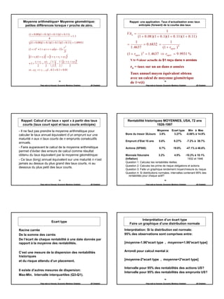 Moyenne arithmétique> Moyenne géométrique:                                           Rappel: une application. Taux d’actualisation avec taux
    petites différences lorsque r proche de zéro.                                             anticipés (forward) de la courbe des taux

                                                                                                                       1
       (1 + 0.08)(1 + 0.1)(1 + 0.11)(1 + 0.11)                                        VA n =
                          4
                                               = 1.1                                            (1 + 0 .08 )(1 + 0 . 1)(1 + 0 .11 )(1 + 0 . 11 )
       4 (1 + 0.08)(1 + 0.1)(1 + 0.11)(1 + 0.11) = 1.09931                                    1                           1
                                                                                       =            = 0 .6832 =
       (1 + r )α ≈ 1 + α × r + α (α − 1) ×
                                               r2                                        1 . 4637                   (1 + requiv ) 4
                                               2!
                         1                          1                                 (1 + requiv ) 4 = 1 . 4637 ⇒ requiv = 9 .9931 %
       [(1 + r1 )(1 + r2 )]2 = [1 + r1 + r2 + r1r2 ]2
              r + r r r  1  1  [r1 + r2 + r1r2 ]
                                                      2                                  VA=Valeur actuelle de $1 reçu dans n années
       ≈ 1+ 1 2 + 1 2 +             −    
                 2         2  2  2             2                                     rn = taux sur un an dans n années
       et...r1r2 << ri .....cf ...0.1 × 0.1 = 0.01
                                                                                         Taux annuel moyen équivalent obtenu
                                                                                         avec un calcul de moyenne géométrique
                                        13
                                                                                         de 1+r(t)           14

                   Page web en français: Economix Membres Chatelain   JB Chatelain                    Page web en français: Economix Membres Chatelain          JB Chatelain




 Rappel: Calcul d’un taux « spot » à partir des taux                                   Rentabilité historiques MOYENNES, USA, 72 ans
  courts (taux court spot et taux courts anticipés)                                                        1926-1997

- Il ne faut pas prendre la moyenne arithmétique pour                                                              Moyenne          Ecart type Min à Max
calculer le taux annuel équivalent d’un emprunt sur une                              Bons du tresor 30Jours         3.8%             3.27%    -0.06% à 14.9%
maturité n aux n taux courts de n emprunts consécutifs
                                                                                     Emprunt d’Etat 10 ans           5.6%              9.27%             -7.2% à 39.7%
annuels.
- Faire auparavant le calcul de la moyenne arithmétique                              Actions (SP500)                 8.7%             19.6%              -47.1% à 46.6%
permet d’éviter des erreurs de calcul comme résultat
obtenu du taux équivalent par la moyenne géométrique:                                Monnaie fiduciaire           3.2%          4.5%      -10.3% à 18.1%
- Ce taux (long) annuel équivalent sur une maturité n n’est                          (Inflation)                                            1932 et 1946
jamais au dessus du plus grand des taux courts, ni au                                Question 1: Calculez les rentabilités réelles.
                                                                                     Question 2: Calculez les prime de risque obligations et actions.
dessous du plus petit des taux courts.
                                                                                     Question 3: Faite un graphique rendement moyen/mesure du risque.
                                                                                     Question 4: Si distributions normales, intervalles contenant 95% des
                                                                                        rentabilités pour chaque actif?
                                        15                                                                                 16

                   Page web en français: Economix Membres Chatelain   JB Chatelain                    Page web en français: Economix Membres Chatelain          JB Chatelain




                                                                                                Interprétation d’un écart type
                                Ecart type
                                                                                        Faire un graphique d’une distribution normale

Racine carrée                                                                        Interprétation: Si la distribution est normale:
De la somme des carrés                                                               95% des observations sont comprises entre:
De l’écart de chaque rentabilité à une date donnée par
rapport à la moyenne des rentabilités.                                               [moyenne-1.96*ecart type , moyenne+1.96*ecart type]


C’est une mesure de la dispersion des rentabilités                                   Arrondi pour calcul mental à:
historiques
et du risque attendu d’un placement.                                                 [moyenne-2*ecart type , moyenne+2*ecart type]

                                                                                     Intervalle pour 95% des rentabilités des actions US?
Il existe d’autres mesures de dispersion:
                                                                                     Intervalle pour 95% des rentabilités des emprunts US?
Max-Min. Intervalle interquartiles (Q3-Q1).
                                        17                                                                                 18

                   Page web en français: Economix Membres Chatelain   JB Chatelain                    Page web en français: Economix Membres Chatelain          JB Chatelain




                                                                                                                                                                               3
 