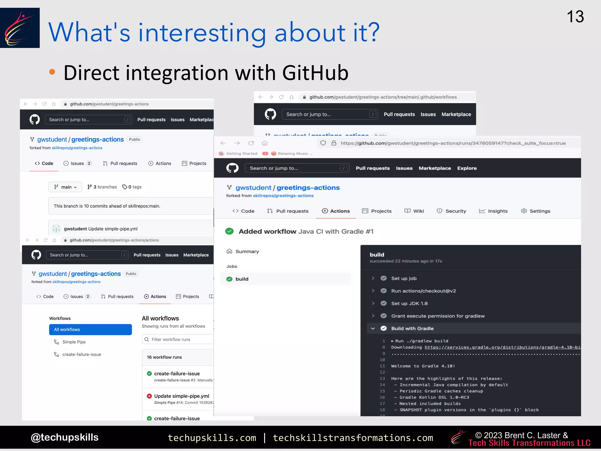 techupskills.com | techskillstransformations.com
@techupskills
13
© 2023 Brent C. Laster &
What's interesting about it?
• Direct integration with GitHub
 