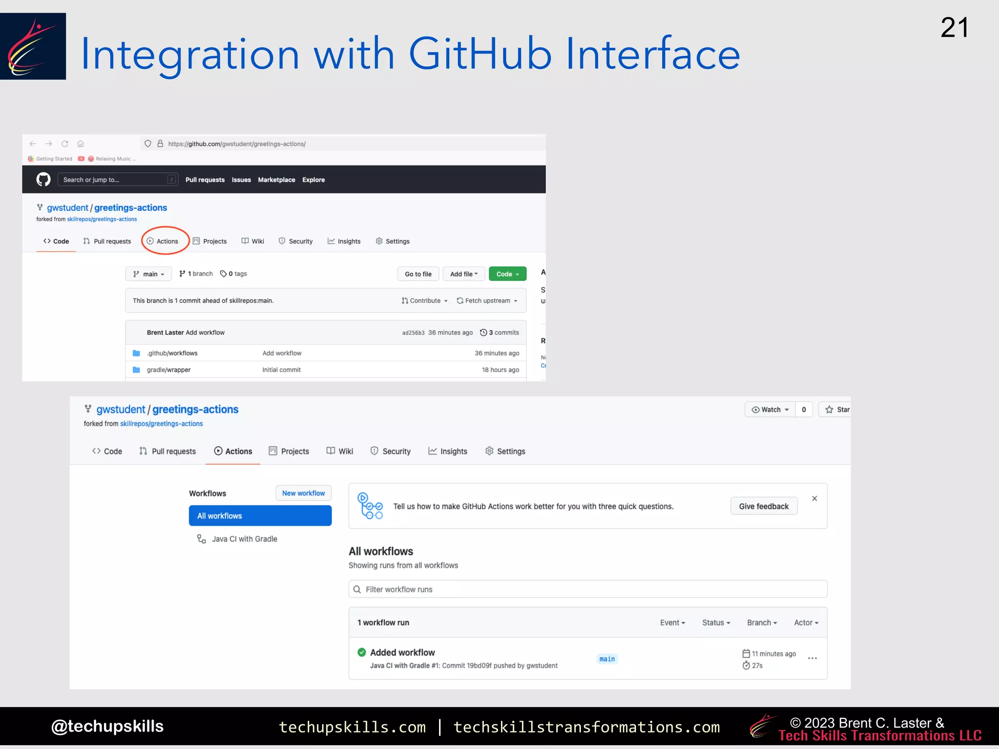 techupskills.com | techskillstransformations.com
@techupskills
21
© 2023 Brent C. Laster &
Integration with GitHub Interface
 