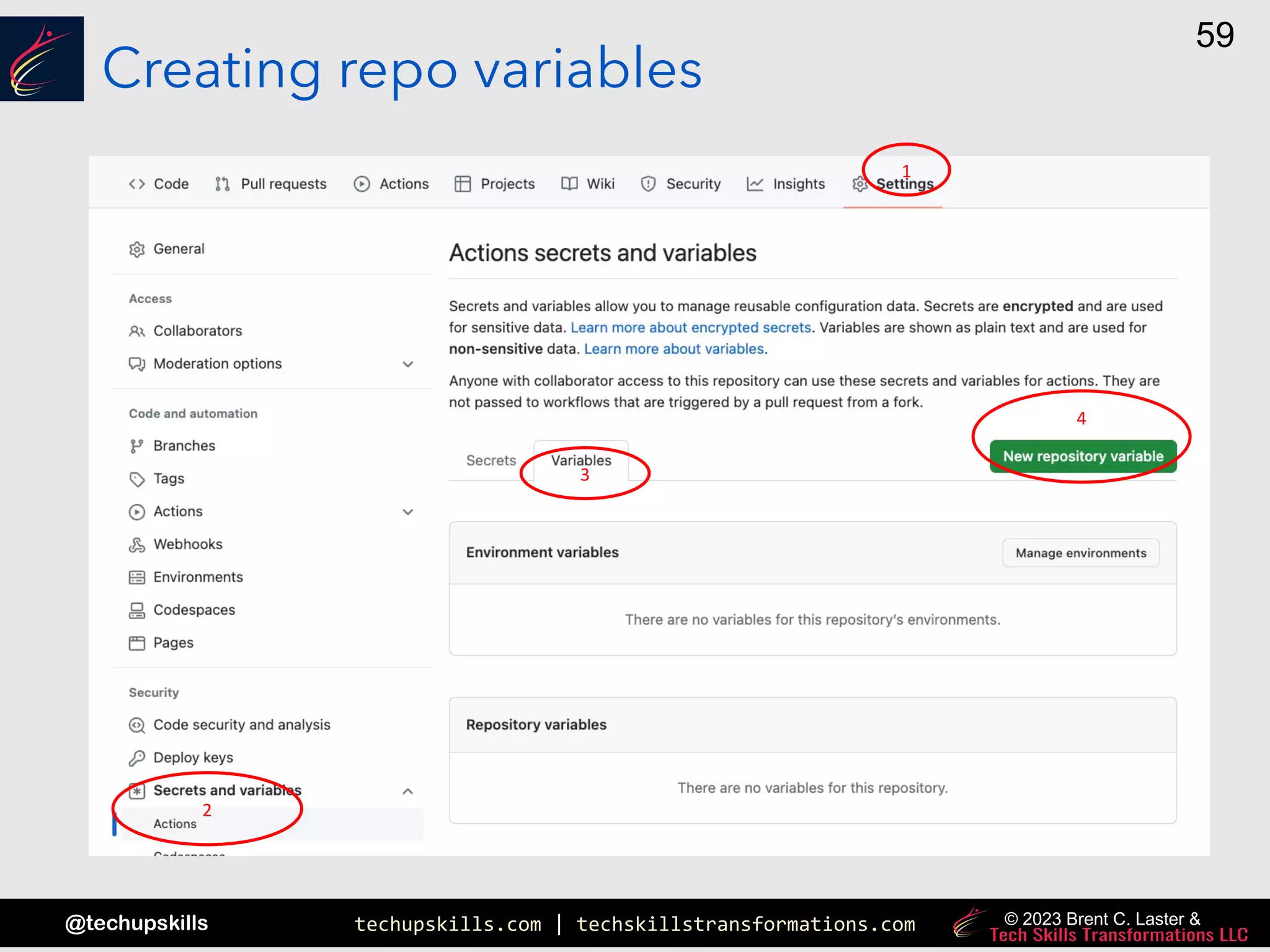 techupskills.com | techskillstransformations.com
@techupskills
59
© 2023 Brent C. Laster &
Creating repo variables
1
2
3
4
 