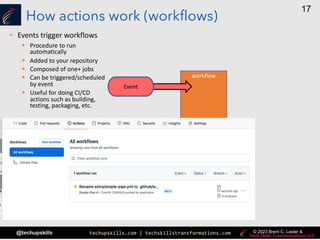 techupskills.com | techskillstransformations.com
@techupskills
17
© 2023 Brent C. Laster &
How actions work (workflows)
• Events trigger workflows
workflow
Event
§ Procedure to run
automatically
§ Added to your repository
§ Composed of one+ jobs
§ Can be triggered/scheduled
by event
§ Useful for doing CI/CD
actions such as building,
testing, packaging, etc.
 