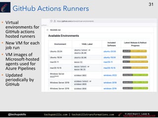 techupskills.com | techskillstransformations.com
@techupskills
31
© 2023 Brent C. Laster &
GitHub Actions Runners
• Virtual
environments for
GitHub actions
hosted runners
• New VM for each
job run
• VM images of
Microsoft-hosted
agents used for
Azure Pipelines
• Updated
periodically by
GitHub
 