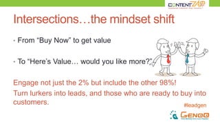 #leadgen
Intersections…the mindset shift
• From “Buy Now” to get value
• To “Here’s Value… would you like more?”
Engage not just the 2% but include the other 98%!
Turn lurkers into leads, and those who are ready to buy into
customers.
 