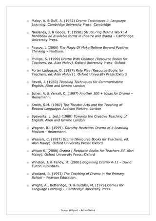 Susan Hillyard - ActionSacks
o Maley, A. & Duff, A. (1982) Drama Techniques in Language
Learning. Cambridge University Press: Cambridge
o Neelands, J. & Goode, T. (1990) Structuring Drama Work: A
handbook od available forms in theatre and drama – Cambridge
University Press.
o Pascoe, L.(2006) The Magic Of Make Believe Beyond Positive
Thinking – Findhorn.
o Phillips, S. (1999) Drama With Children (Resource Books for
Teachers, ed. Alan Maley). Oxford University Press: Oxford
o Porter Ladousse, G. (1987) Role Play (Resource Books for
Teachers, ed. Alan Maley) ). Oxford University Press:Oxford
o Revell, J. (1980) Teaching Techniques for Communicative
English. Allen and Unwin: London
o Scher, A. & Verrall, C. (1987) Another 100 + Ideas for Drama –
Heinemann.
o Smith, S.M. (1987) The Theatre Arts and the Teaching of
Second Languages Addison Wesley: London
o Spaventa, L. (ed.) (1980) Towards the Creative Teaching of
English. Allen and Unwin: London
o Wagner, BJ. (1999). Dorothy Heatcote: Drama as a Learning
Medium - Heinemann.
o Wessels, C. (1987) Drama (Resource Books for Teachers, ed.
Alan Maley). Oxford University Press: Oxford
o Wilson K, (2008) Drama ( Resource Books for Teachers Ed. Alan
Maley). Oxford University Press: Oxford
o Winston, J. & Tandy, M. (2001) Beginning Drama 4-11 – David
Fulton Publishers.
o Wooland, B. (1993) The Teaching of Drama in the Primary
School – Pearson Education.
o Wright, A., Betteridge, D. & Buckby, M. (1979) Games for
Language Learning - Cambridge University Press.
 