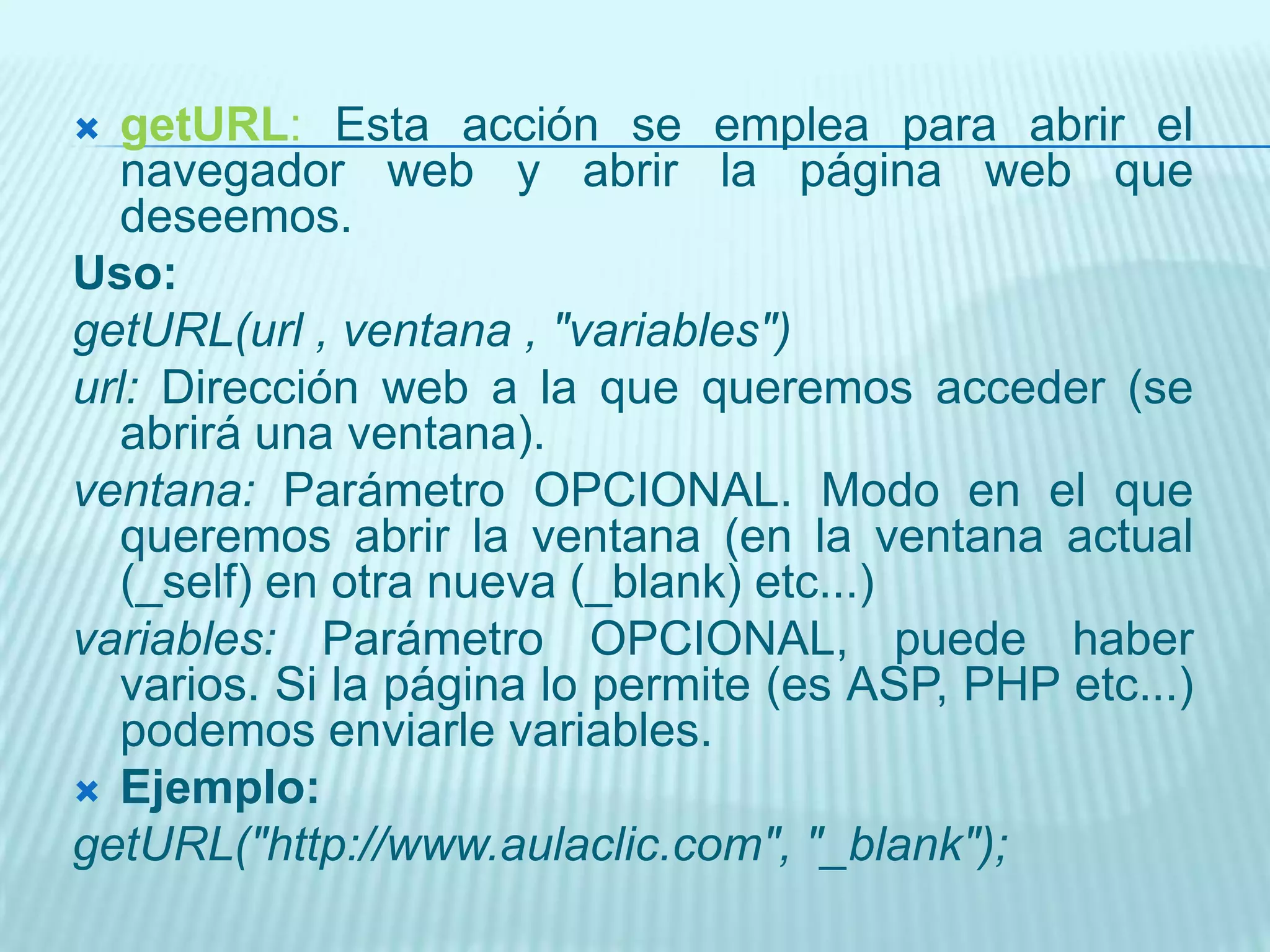 loadMovieNum("MiPeli2.swf", 0) --> Cargamos la película "MiPeli2.swf" en el nivel principal. No enviamos variables.CONDICIONESEstas acciones sirven para controlar la lógica de la película. Se puede decir que nos permiten "hablar" con Flash para indicarle lo que debe hacer ante distintas situaciones. Por ejemplo, ahora que conocemos muchas Acciones, ¿Cómo indicarle a Flash que "si la variable x = 3, entonces vaya al fotograma 5, y sino, vaya al fotograma 10"?. Sabemos comparar, sabemos ir a los fotogramas, pero no sabemos decirle a Flash "Si pasa esto, haz una cosa, y sino, haz la otra...". Veamos cómo decírselo:if ... else: Si partimos de que la traducción literal de if es "si..." y la de else es "sino ...", nos encontramos de repente con todas las herramientas para decirle a Flash: "si (pasa una condicion) {haz esto} sino {haz lo otro}"Veamos antes que nada su Uso para comprenderlo mejor:Uso:if (condición) {sentencias1 ... } else {sentencias2 ... }if: Indica que acción que viene a continuación es una condicionalcondicion: Indica una condicion que DEBE cumplirse para que sucedan las acciones indicadas en "sentencias1". Si éstas no se cumplen, entonces lo que sucede es lo especificado en las acciones indicadas en "sentencias2".
