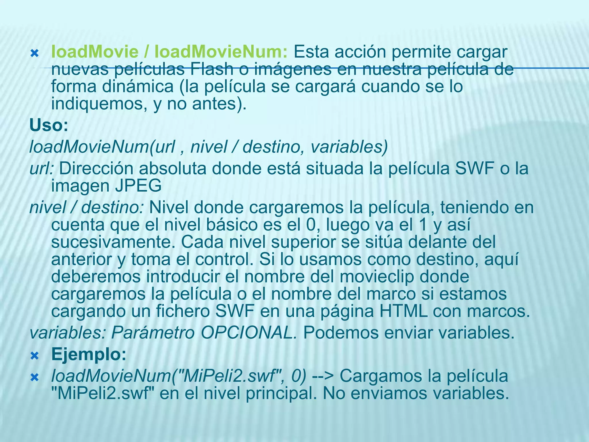 Para que una condición se cumpla, debe tener como resultado true, o lo que es lo mismo, verdadero, o lo que es lo mismo, 1. De ahí la importancia de los operadores de comparación y el valor que devuelven.sentencias1: Conjunto de acciones que sucederán si la condición se evalúa como verdadera. Si hay más de 1, deben incluirse todas ENTRE LLAVESelse: Especifica la alternativa si condicion se evalúa a falso. Es OPTATIVO. Sino existe, y no se cumple la condición, no se hará nada, pues no lo hemos especificado.sentencias2: Conjunto de acciones que sucederán si la condición se evalúa como falsa. Si hay más de 1, deben incluirse todas ENTRE LLAVESEjemplo:if (x == 2) {gotoAndPlay(6); } --> Si la variable x vale 2, entonces saltamos al fotograma 2, sino, no hacemos nadaif (y > 7) { Stop(); } else {gotoAndPlay(1); } --> si la variable y es mayorque 7, paramos la película, sino, volvemos al fotograma 1.