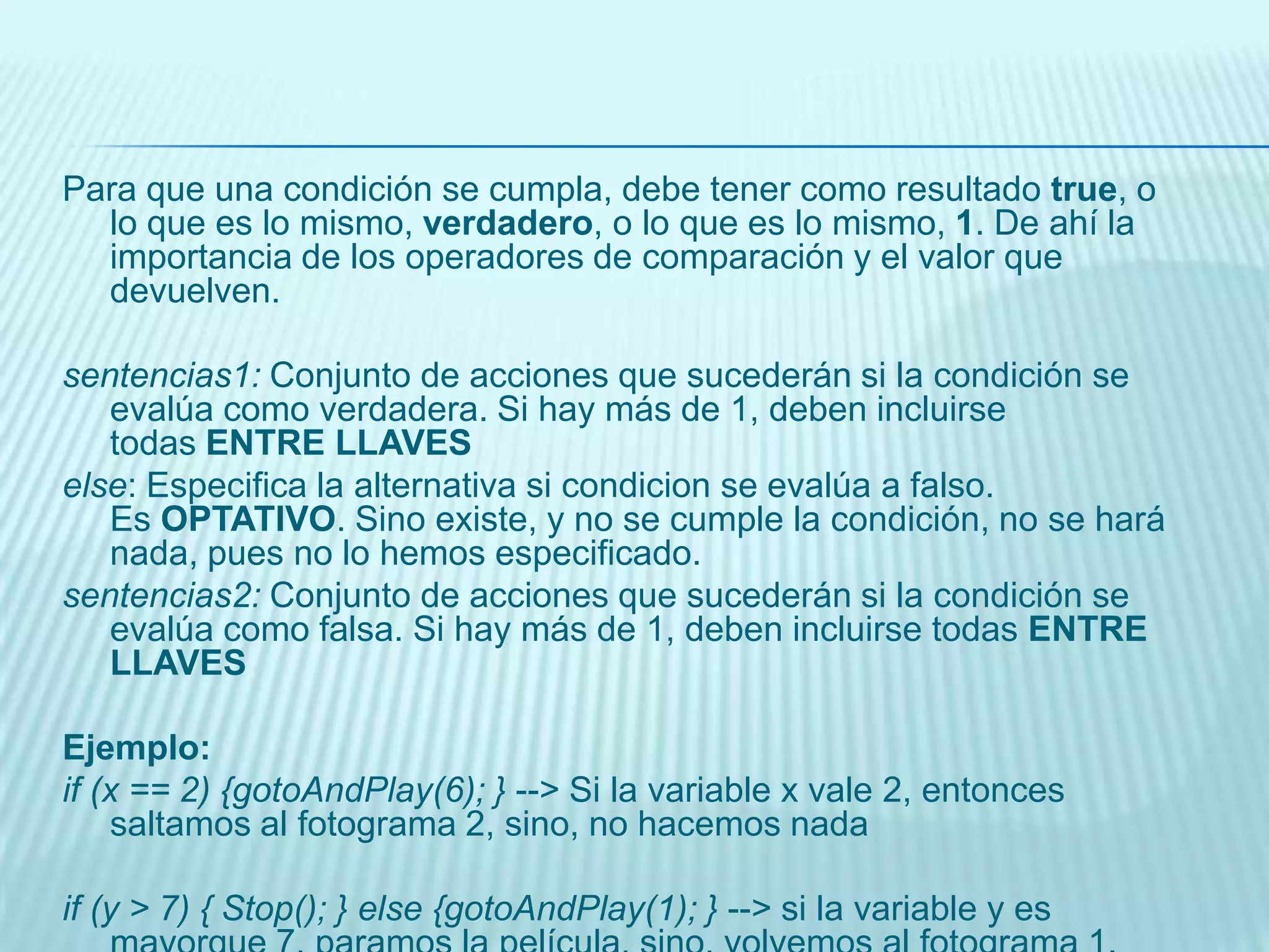Objeto "Button" (Botón)Los objetos de tipo Botón tienen 4 estados, como ya se ha visto en el capítulo correspondiente y reaccionan ante métodos especiales como"OnRollOver", "OnPress" ... que permitirán que sucedan cosas cuando el usuario haga clic sobre estos botones, pase el ratón por encima etc...Cuando nos interese que una imagen que hayamos diseñado se comporte como un botón, bastará convertirla a botón (del modo visto en el capítulo correspondiente) y ya podremos usar los eventos típicos de un botón. Objeto "MovieClip" (Clip de Película)Cuandonecesitemos crear una película Flash dentro de otra película, pero no queramos tener 2 ficheros separados ni molestarnos en cargar una película u otra, deberemos crear un objeto movieclip. Entre sus propiedades especiales destaca que los objetos "clip de película" tienen, internamente, una línea de tiempos que corre INDEPENDIENTEMENTE de la línea de tiempos de la película principal de Flash, lo que nos permite crear animaciones tan complejas e independientes como queramos (podemos crear tantos clips de película dentro de otros como queramos, por ejemplo). Objeto "Sound" (Sonido)Los objetos sonidos no son visuales, y por tanto, no podremos ver como quedan en los fotogramas, al igual que haríamos con un botón o un clip de película. Deberemos controlarlos, por tanto, desde el Panel Acciones y usando ActionScript. Tienen multitud de métodos especiales, muy potentes y útiles,podemos parar un sonido, crear un bucle, darle efectos sonoros etc...Podríamos, por ejemplo, crear un objeto de tipo sonido y después hacer que al pulsar un botón suene. (En el tema siguiente se verá algún ejemplo de uso de sonidos). 