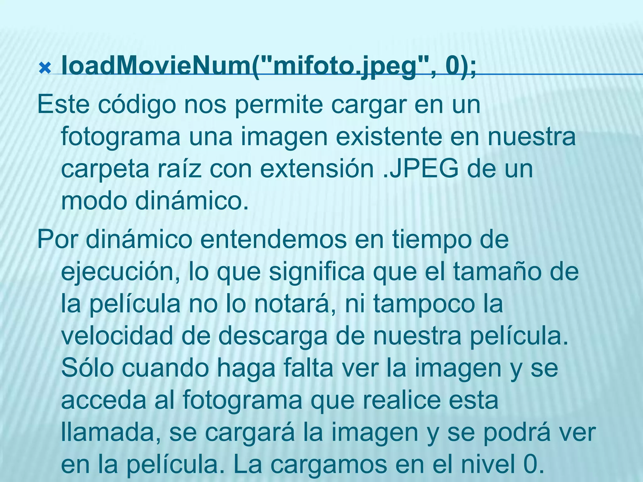 on (release) {r1.gotoAndPlay(2);}Esta acción provoca que al pulsar un botón vayamos al fotograma 2 de un Clip de Película determinado. El fotograma de la película principal NO VARIARÁ.La primera línea es la comentada anteriormenteLa segunda línea es la acción que se producirá. Flash busca un objeto llamado r1 de tipo clip de película (movieclip) y mueve su cabeza lectora hasta el fotograma 2. La cabeza lectora de la película principal es completamente INDEPENDIENTE de la cabeza lectora de los clips de película y no se verá alterada