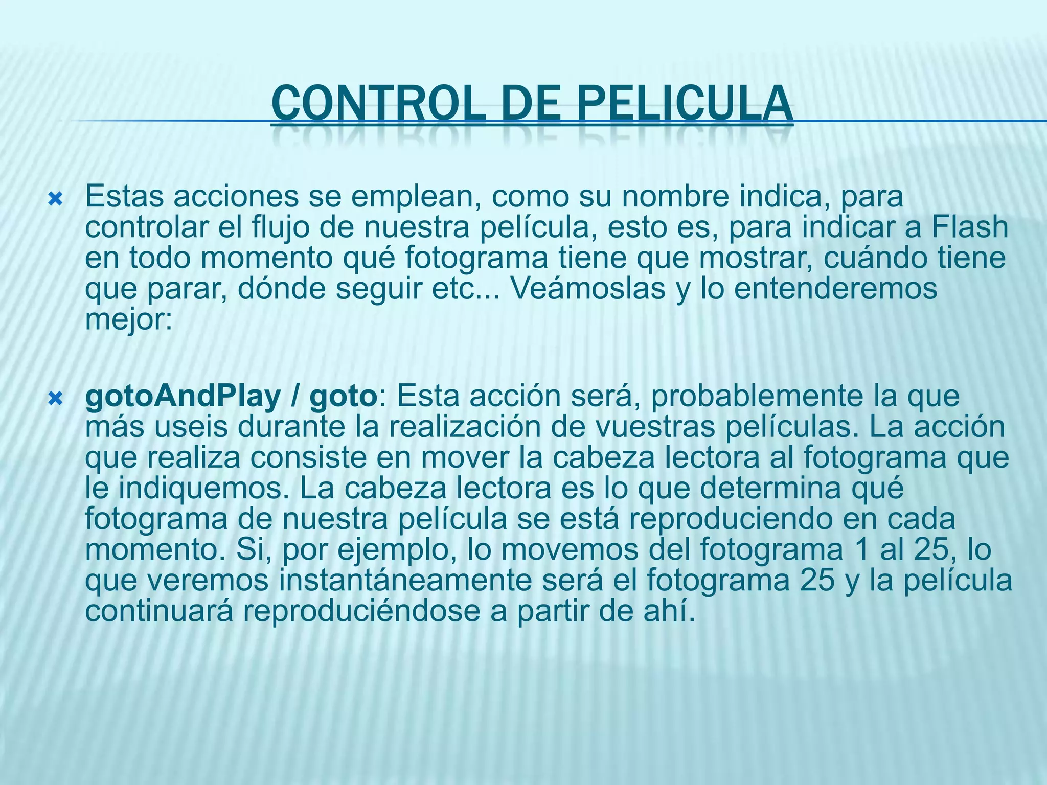 NAVEGADOR/REDEstas acciones tiene diversas funciones, describimos las más importantes:fscommand: Esta acción, es capaz de ejecutar ciertos comandos muy potentes. Lo más cómodo es pasar a Modo Básico (sino estábamos ya) e insertarla, nos aparecerá una pestaña con los posibles comandos que admite:- fullscreen : Si se activa pone nuestra película a pantalla completa. Muy útil para presentaciones en CD-Rom, por ejemplo.- allowscale: Controla el redimensionamiento de los objetos insertados en la película cuando el usuario estira los bordes de la misma (o de la página web en la que se encuentre) ¿Queremos mantener las proporciones? Este comando nos permite controlarlo.- showmenú: Si has visto el menú que aparece al pulsar el botón derecho del ratón sobre una película Flash, seguro que has pensado en hacerlo desaparecer ... puede que no interese que los usuarios puedan moverse a sus anchas por nuestra película. Ejecutando esta sentencia del modo adecuado (false), podremos ocultarlo.- trepallkeys: Sirve para detectar las pulsaciones de todas las teclas durante la reproducción de nuestras películas. 
