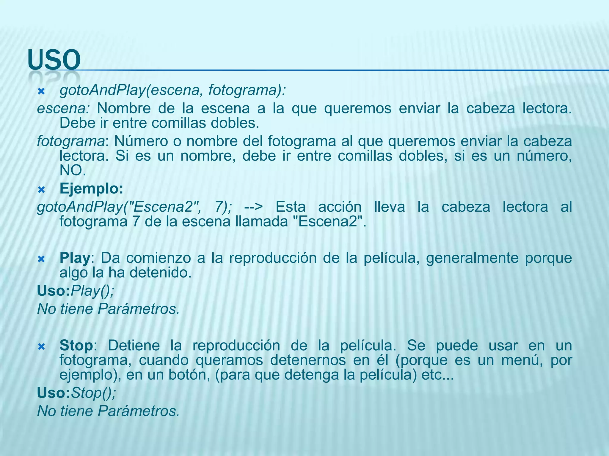 USOfscommand("comando","true / false")comando: El comando a ejecutar (fullscreen, allowscale, etc...)true / false: Aquí debemos escribir true o false,según queramos desactivar la opción o activarla.Ejemplo:fscommand("fullscreen", "true"); -> Activa la pantalla completa.