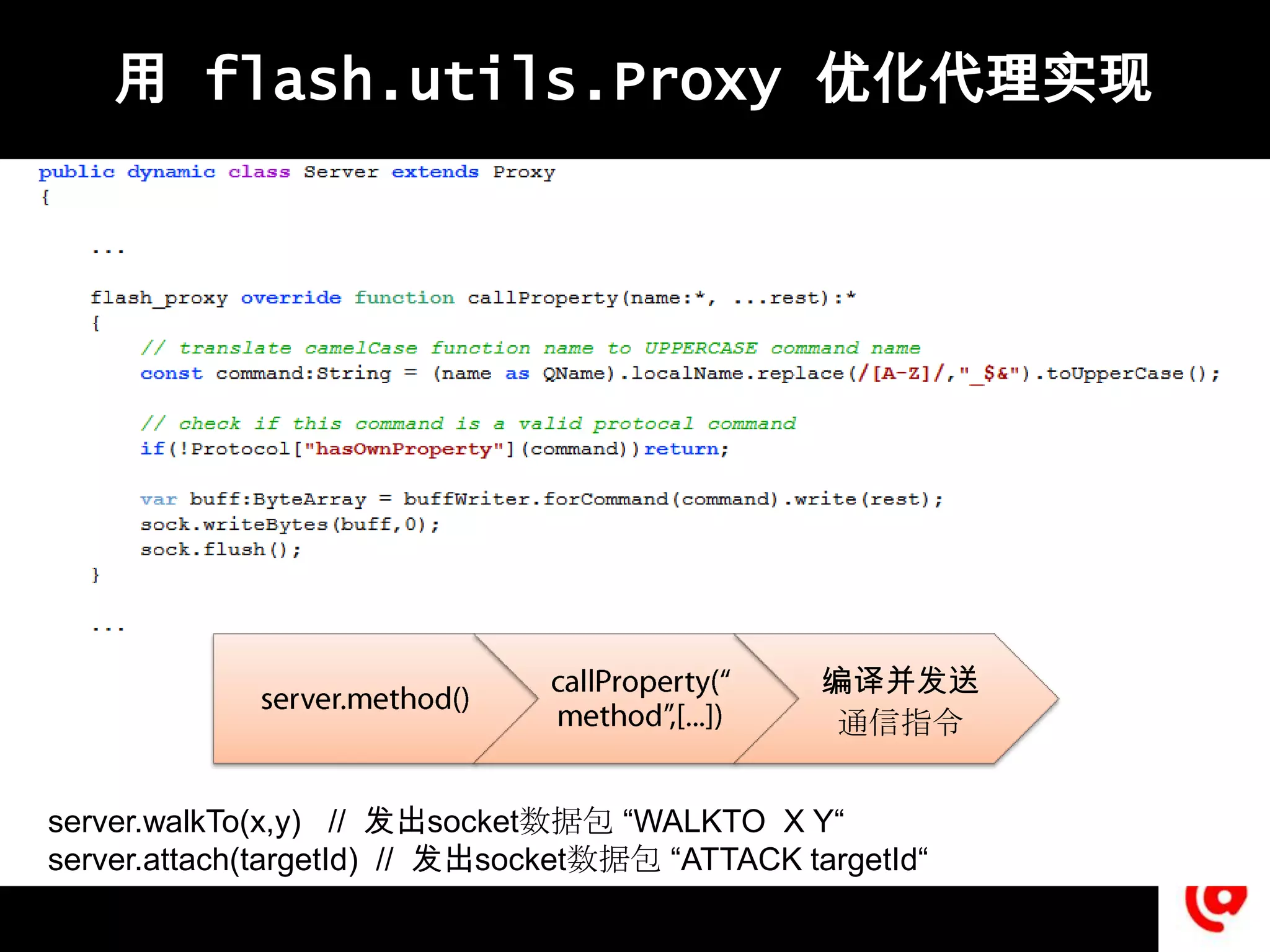 用 flash.utils.Proxy优化代理实现server.walkTo(x,y)   //  发出socket数据包 “WALKTO  X Y“server.attach(targetId)  //  发出socket数据包 “ATTACK targetId“