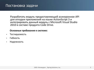 Постановка задачи
Разработать модуль предоставляющий асинхронное API
для отладки приложений на языке ActionScript 3 и
интегрировать данный модуль с Microsoft Visual Studio
2010 в составе продукта Code Drive.
ООО «Ричмедиа» , iSpring Solutions, Inc. 3
Основные требования к системе:
• Тестируемость
• Гибкость
• Надежность
 