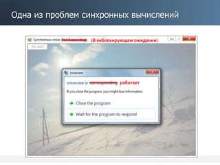 Одна из проблем синхронных вычислений
You could get
stuck
C# 4.0 covariance
(В неблокирующем ожидании)
работает
 
