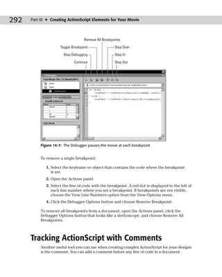 292   Part III ✦ Creating ActionScript Elements for Your Movie



                                    Remove All Breakpoints
                      Toggle Breakpoint               Step Over
                        Stop Debugging                Step In

                              Continue                Step Out




           Figure 14-7: The Debugger pauses the movie at each breakpoint.


           To remove a single breakpoint:

              1. Select the keyframe or object that contains the code where the breakpoint
                 is set.
              2. Open the Actions panel.
              3. Select the line of code with the breakpoint. A red dot is displayed to the left of
                 each line number where you set a breakpoint. If breakpoints are not visible,
                 choose the View Line Numbers option from the View Options menu.
              4. Click the Debugger Options button and choose Remove Breakpoint.

           To remove all breakpoints from a document, open the Actions panel, click the
           Debugger Options button that looks like a stethoscope, and choose Remove All
           Breakpoints.



      Tracking ActionScript with Comments
           Another useful tool you can use when creating complex ActionScript for your designs
           is the comment. You can add a comment before any line of code in a document.
 