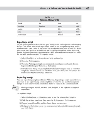 Chapter 2 ✦ Delving into Your ActionScript Toolkit    41

                                            Table 2-3
                                       Reserved Keywords
        break                         for                       new                     var
        continue                      function                  return                  void
        delete                        if                        this                    while
        else                          in                        typeof                  With
        instance of                   case                      default                 switch




       Exporting a script
       As you gain expertise in ActionScript, you find yourself creating some fairly lengthy
       scripts. The Script pane, while a good text editor, is not exceptionally large, and it
       doesn’t have a spell check. If you prefer the luxury of editing your scripts in a word
       processor, you can do so by exporting a script and then opening it in a word pro-
       cessor. You can also export scripts to share with other designers or store in a folder
       for use with another project. To export a script:

          1. Select the object or keyframe the script is assigned to.
          2. Open the Actions panel.
          3. Open the Action panel Options menu as discussed previously, and choose
             Export as File to open the Save As dialog box.
          4. In the Save As dialog box, navigate to the folder where you want to store the
             script and enter a name in the File Name field, click Save, and Flash saves the
             file with the AS (ActionScript) extension.

       Importing a script
       You can export any script saved in the AS format. Importing a script is useful when
       you want to use a previously saved script in a new movie, use another designer’s
       script, or used a saved script on another frame or object in the same document.

Note           When you import a script, all other code assigned to the keyframe or object is
               overwritten.

       To import a script:

          1. Select the keyframe or object you want to use the imported script with.
          2. Click the Actions panel and then open the Actions panel Options menu.
          3. Choose Import from File, and the Open dialog box appears.
          4. Navigate to the folder where you store your scripts, select the desired script,
             and click Open.
 