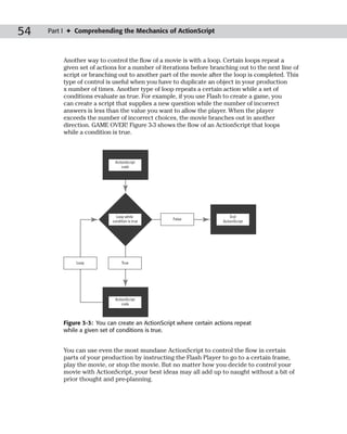 54   Part I ✦ Comprehending the Mechanics of ActionScript



         Another way to control the flow of a movie is with a loop. Certain loops repeat a
         given set of actions for a number of iterations before branching out to the next line of
         script or branching out to another part of the movie after the loop is completed. This
         type of control is useful when you have to duplicate an object in your production
         x number of times. Another type of loop repeats a certain action while a set of
         conditions evaluate as true. For example, if you use Flash to create a game, you
         can create a script that supplies a new question while the number of incorrect
         answers is less than the value you want to allow the player. When the player
         exceeds the number of incorrect choices, the movie branches out in another
         direction. GAME OVER! Figure 3-3 shows the flow of an ActionScript that loops
         while a condition is true.



                            ActionScript
                                code




                             Loop while                                  End
                                                  False
                           condition is true                         ActionScript




             Loop                True




                            ActionScript
                                code



         Figure 3-3: You can create an ActionScript where certain actions repeat
         while a given set of conditions is true.


         You can use even the most mundane ActionScript to control the flow in certain
         parts of your production by instructing the Flash Player to go to a certain frame,
         play the movie, or stop the movie. But no matter how you decide to control your
         movie with ActionScript, your best ideas may all add up to naught without a bit of
         prior thought and pre-planning.
 
