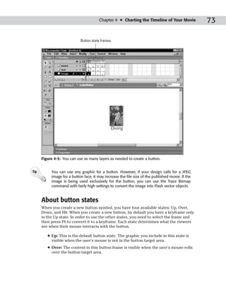 Chapter 4 ✦ Charting the Timeline of Your Movie             73

                            Button state frames




      Figure 4-5: You can use as many layers as needed to create a button.


Tip        You can use any graphic for a button. However, if your design calls for a JPEG
           image for a button face, it may increase the file size of the published movie. If the
           image is being used exclusively for the button, you can use the Trace Bitmap
           command with fairly high settings to convert the image into Flash vector objects.


      About button states
      When you create a new button symbol, you have four available states: Up, Over,
      Down, and Hit. When you create a new button, by default you have a keyframe only
      in the Up state. In order to use the other states, you need to select the frame and
      then press F6 to convert it to a keyframe. Each state determines what the viewers
      see when their mouse interacts with the button.

         ✦ Up: This is the default button state. The graphic you include in this state is
           visible when the user’s mouse is not in the button target area.
         ✦ Over: The content in this button frame is visible when the user’s mouse rolls
           over the button target area.
 