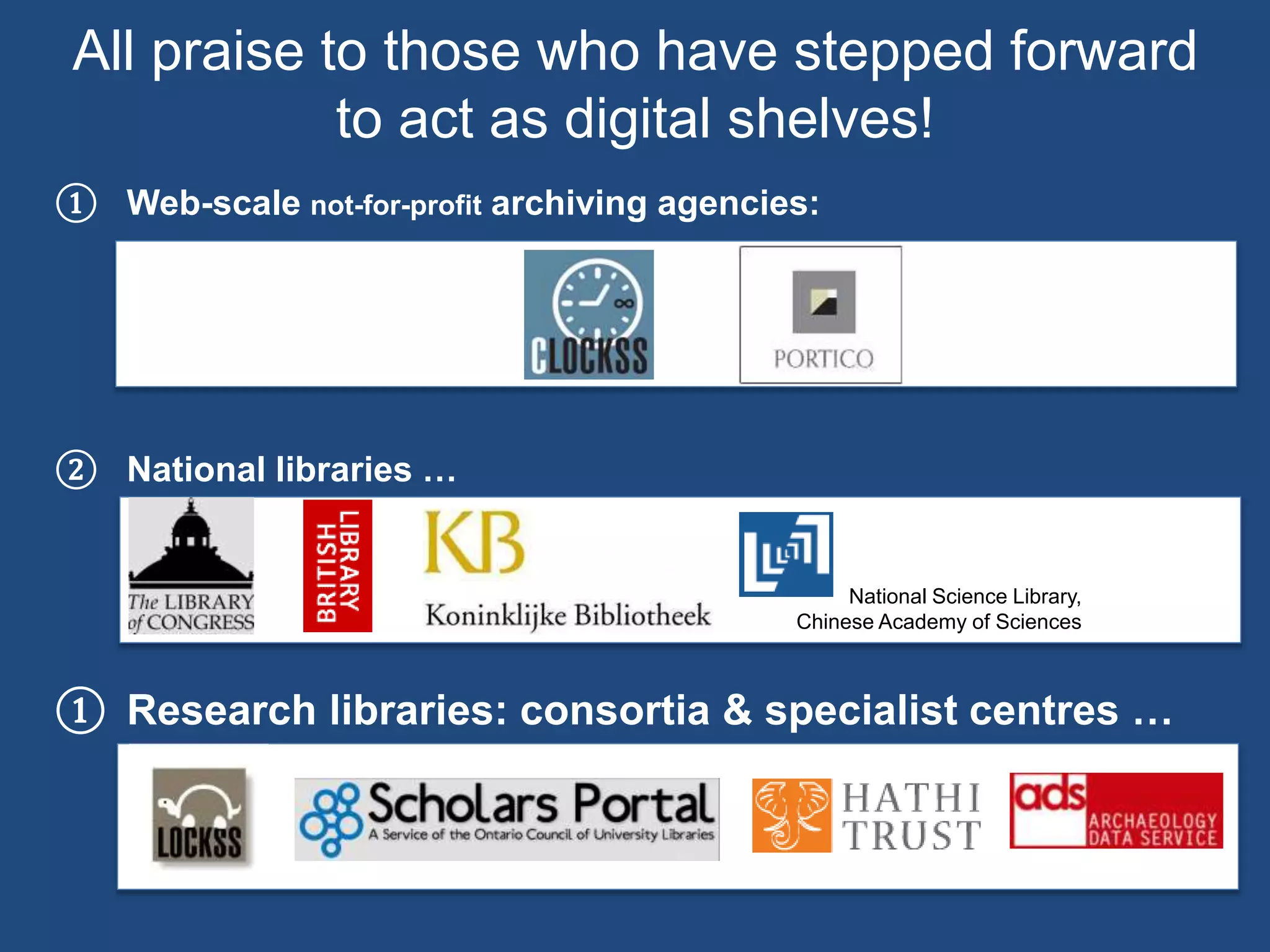 National Science Library,
Chinese Academy of Sciences
All praise to those who have stepped forward
to act as digital shelves!
① Web-scale not-for-profit archiving agencies:
② National libraries …
① Research libraries: consortia & specialist centres …
National Science Library,
Chinese Academy of Sciences
 