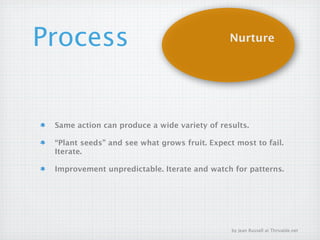 Process                                       Nurture




 Same action can produce a wide variety of results.

 “Plant seeds” and see what grows fruit. Expect most to fail.
 Iterate.

 Improvement unpredictable. Iterate and watch for patterns.




                                               by Jean Russell at Thrivable.net
 
