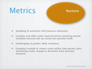 Metrics                                       Nurture




 Sampling of outcomes (full measure unknown).

 Complex and often multi-layered metrics pointing toward
 intended outcome but are rarely the outcome itself.

 Challenging to predict. Wide variations.

 Examples: eyeball or viewer count within time period, story
 attributing credit, change or deviation from previous
 measure.




                                              by Jean Russell at Thrivable.net
 