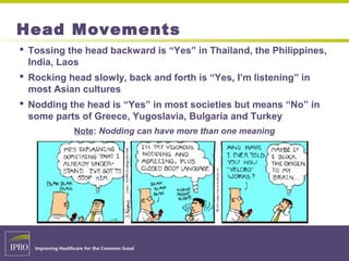 Head Movements
 Tossing the head backward is “Yes” in Thailand, the Philippines,
India, Laos
 Rocking head slowly, back and forth is “Yes, I’m listening” in
most Asian cultures
 Nodding the head is “Yes” in most societies but means “No” in
some parts of Greece, Yugoslavia, Bulgaria and Turkey
Note: Nodding can have more than one meaning
 