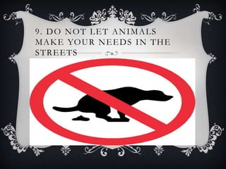 9. DO NOT LET ANIMALS
MAKE YOUR NEEDS IN THE
STREETS