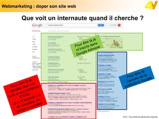Webmarketing : doper son site web

        Que voit un internaute quand il cherche ?




                                    © Cabinet 4V – www.4v.fr – 2012– Tous droits de reproduction réservés
 